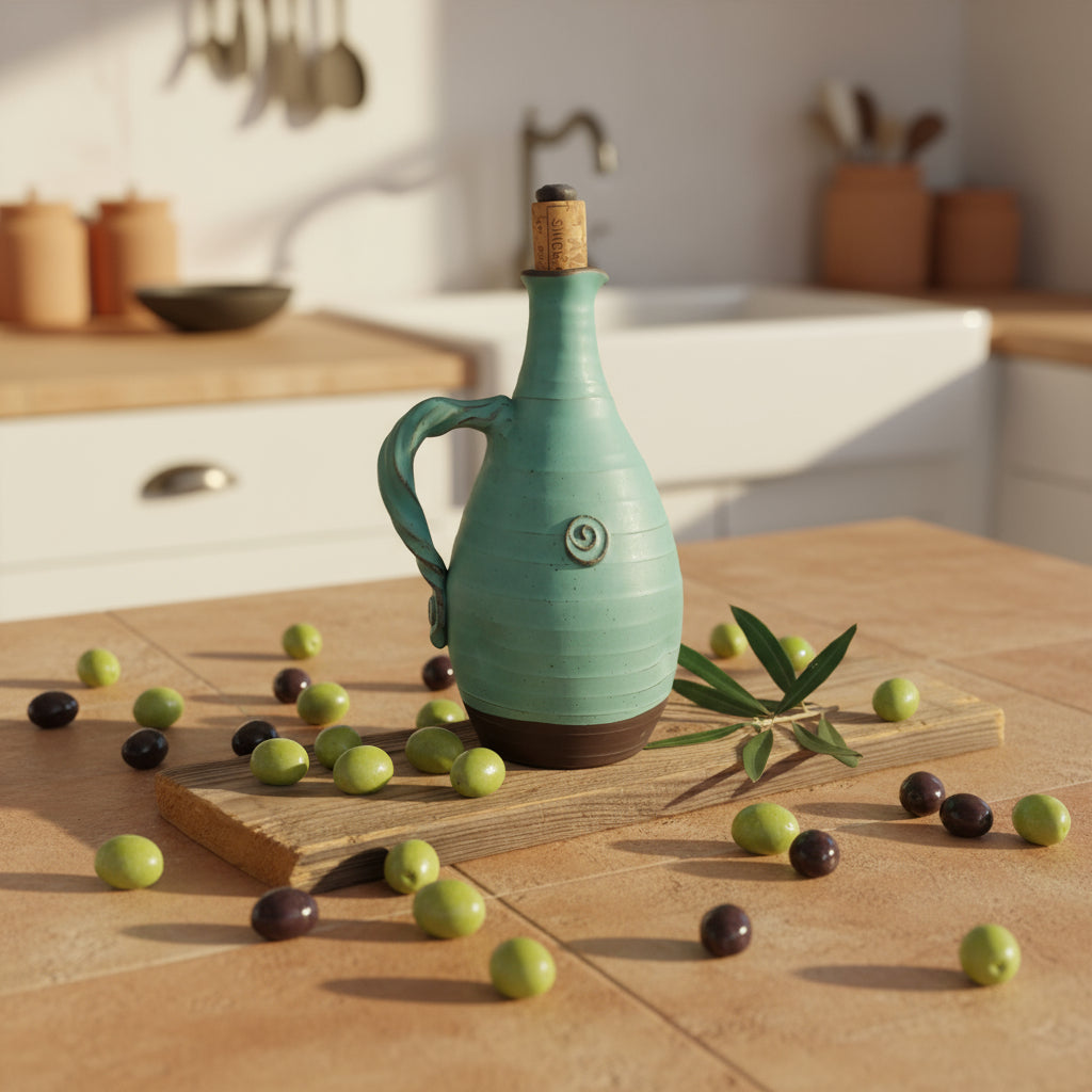 כלי לשמן זית בטורקיז  חצי מט/750 מ"ל