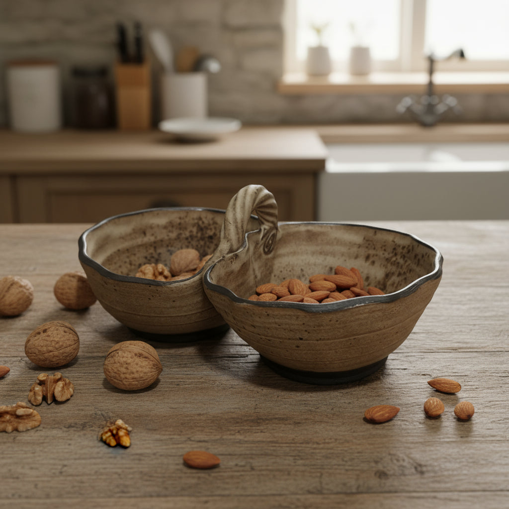 כלי הגשה כפול עם ידית אחיזה בקרם מנוקד