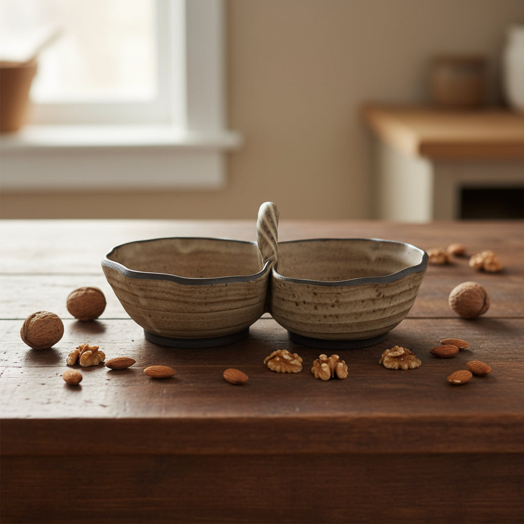 כלי הגשה כפול עם ידית אחיזה בקרם מנוקד