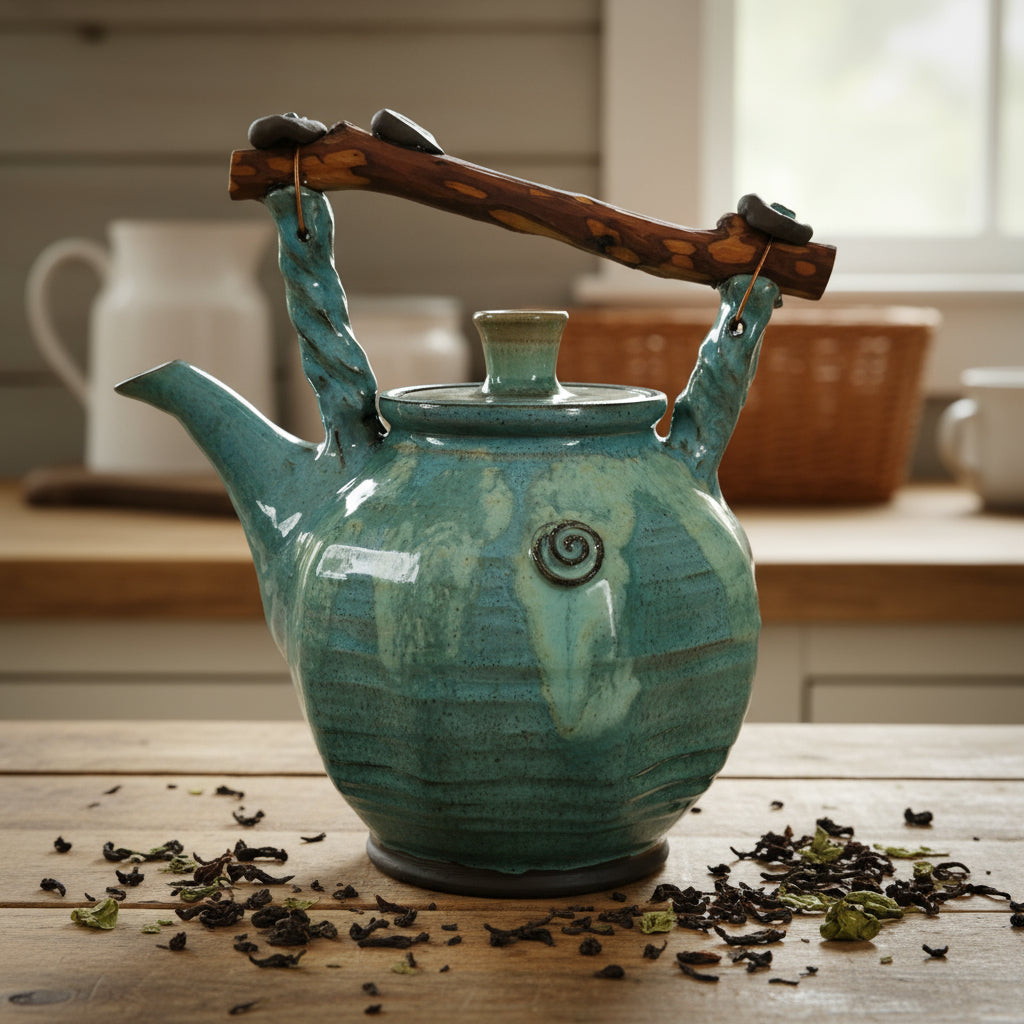 קומקום כחול ירקרק  עם ידית עץ /1.9  ליטר