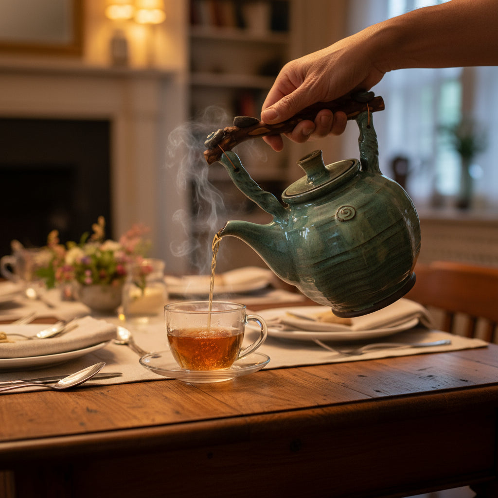 קומקום כחול ירקרק  עם ידית עץ /1.9  ליטר