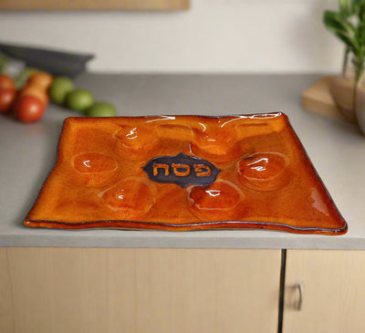 צלחת פסח מלבנית בכתום או בשמנת עם שקעים/ קערת סדר 2 צבעים לבחירה