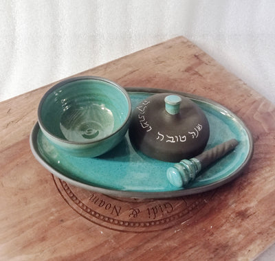 סט לראש השנה/ כלי לדבש ומגש לתפוח, בכחול